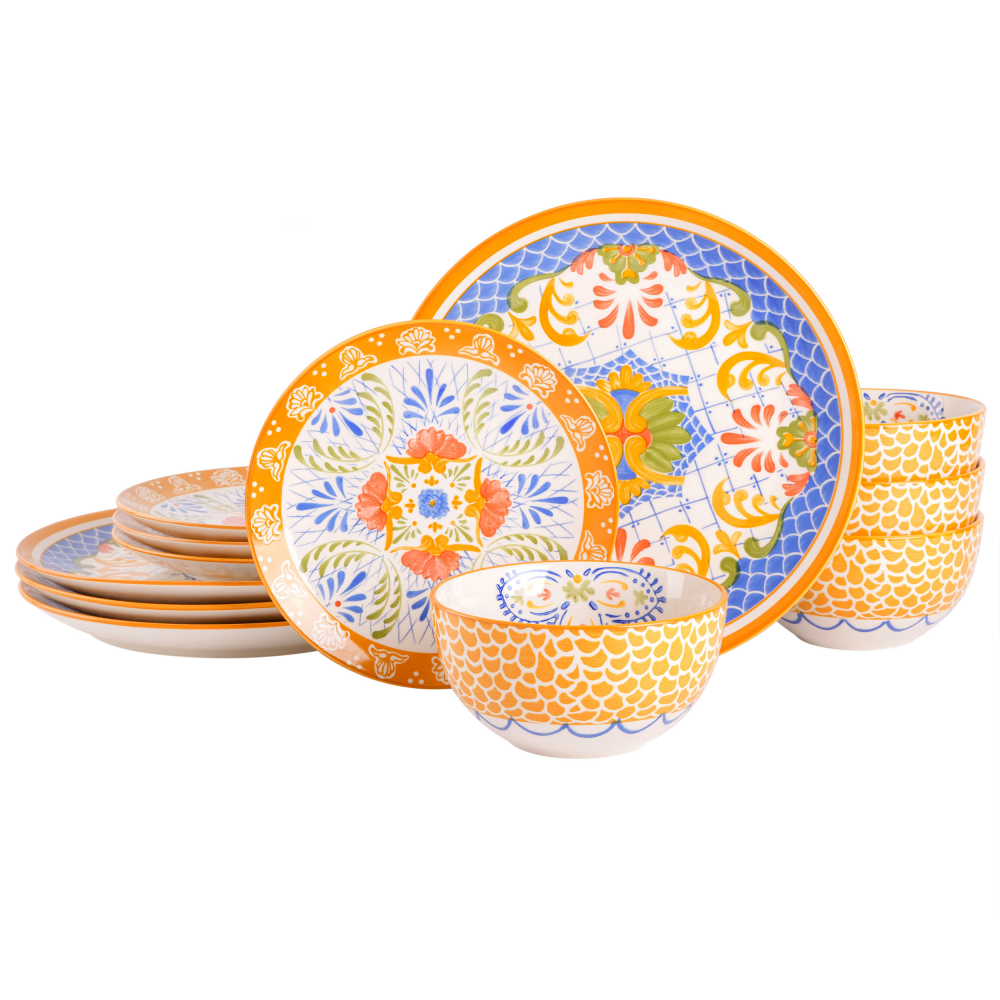 Gibson Laurie Gates Tierra Mosaic 12-Piece Round Stoneware Dinnerware Set, Yellow MPN:995116879M