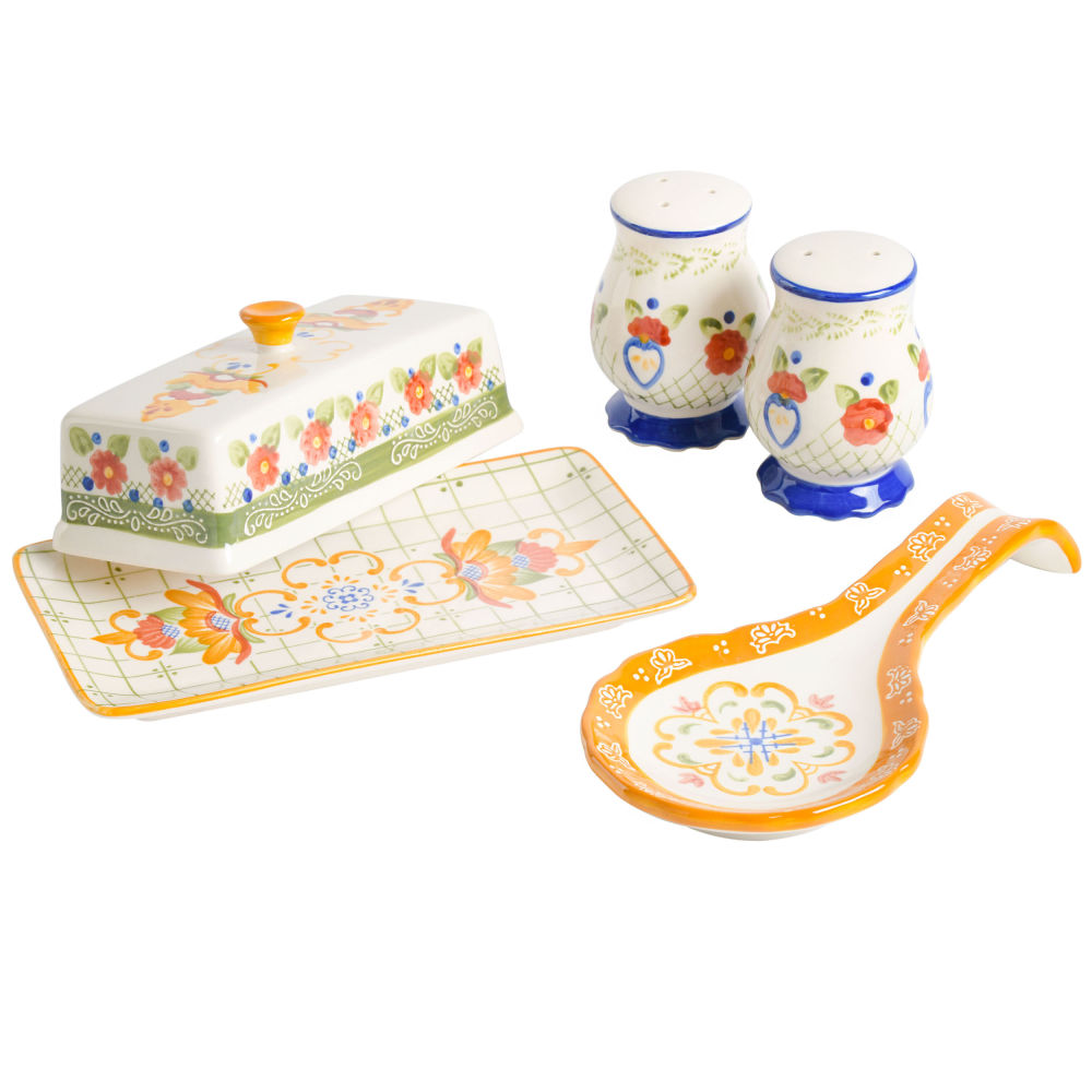 Gibson Laurie Gates Tierra 4-Piece Hand-Painted Ceramic Tableware Accessory Set, Multicolor MPN:995116881M