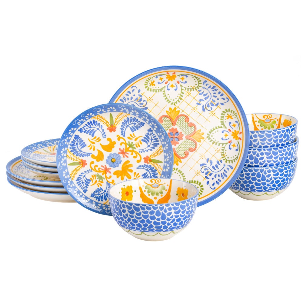 Gibson Laurie Gates Tierra Tile 12-Piece Round Stoneware Dinnerware Set, Blue MPN:995116898M