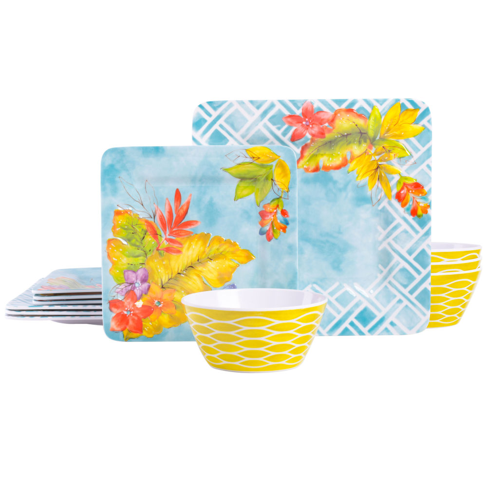 Gibson Laurie Gates Tropicalla 12-Piece Square Melamine Dinnerware Set, Blue MPN:995116910M