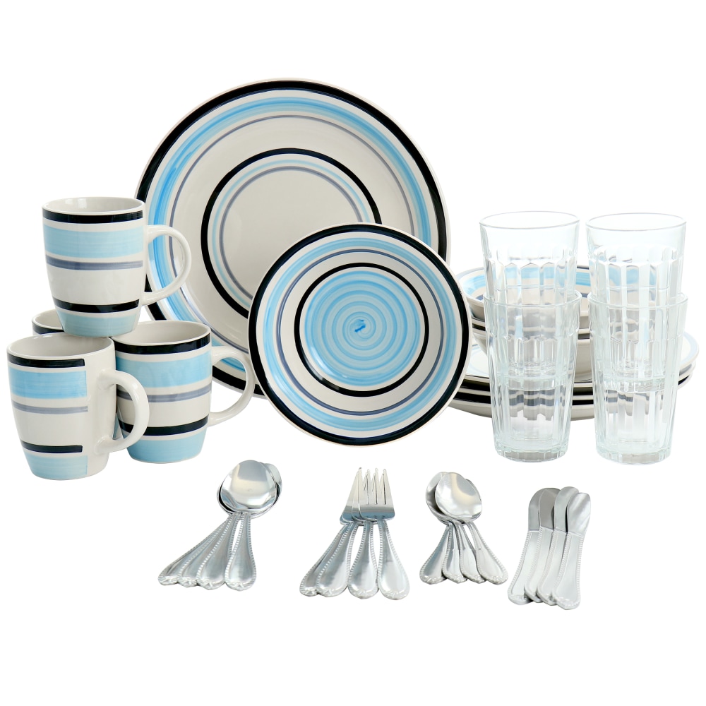 Gibson All U Need 32-Piece Ceramic Dinnerware Combo Set, Blue Stripes MPN:995117539M