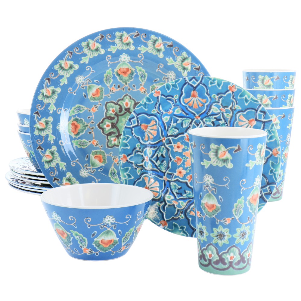 Gibson Laurie Gates Tallulah 16-Piece Round Melamine Dinnerware Set, Blue MPN:995118045M