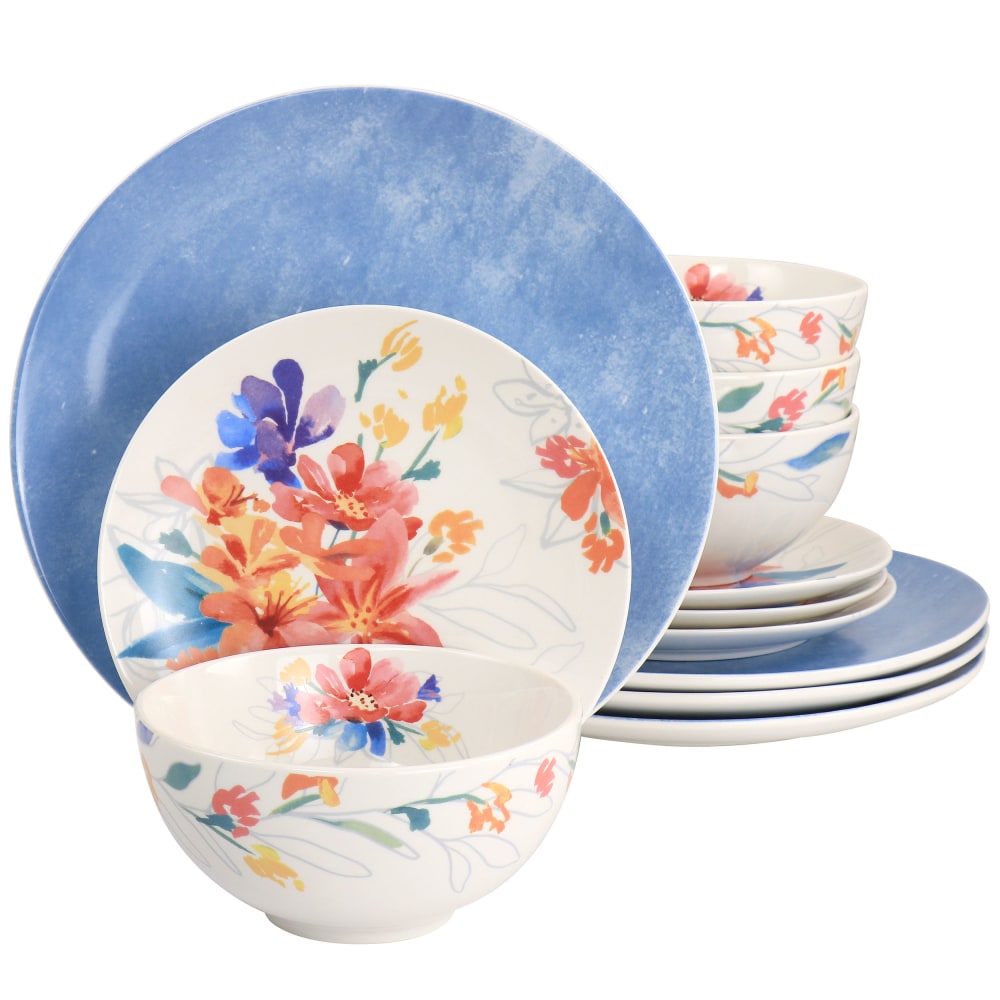 Spice by Tia Mowry Goji Blossom 12-Piece Fine Ceramic Dinnerware Set, Blue MPN:995118370M