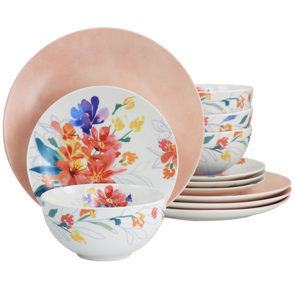 Spice by Tia Mowry Goji Blossom 12-Piece Fine Ceramic Dinnerware Set, Pink MPN:995118371M