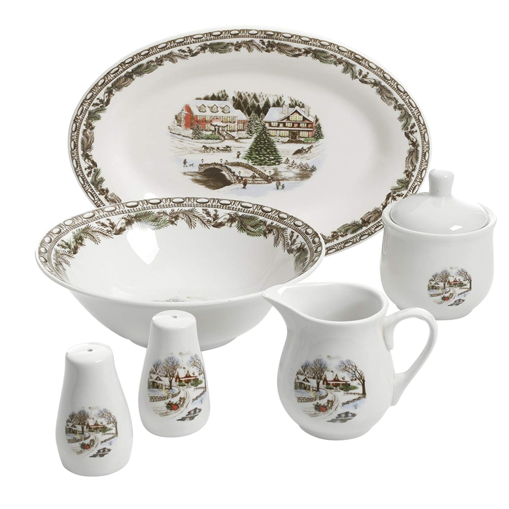 Gibson Home Christmas Toile 7-Piece Porcelain Serving Set, White MPN:995114244M