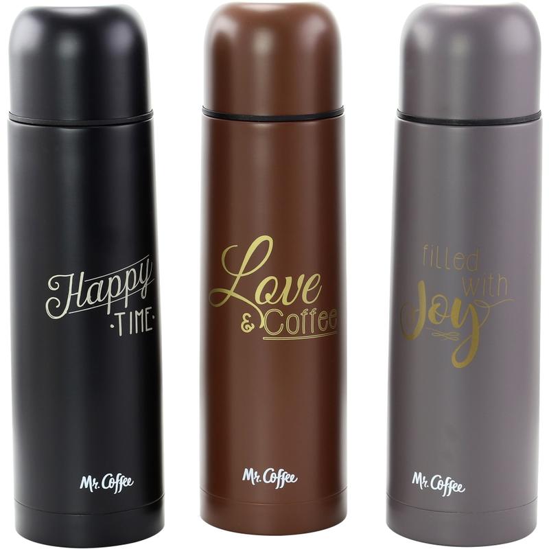 Mr. Coffee Luster Javelin Thermal Travel Bottles, 16 Oz, Black/Brown/Gray, Set Of 3 Bottles MPN:995112167M
