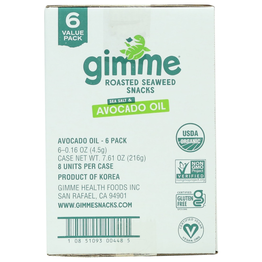 Gimme Roasted Organic Seaweed Snacks, Sea Salt Avocado Oil, 0.16 Oz, Total Qty 48 MPN:00448