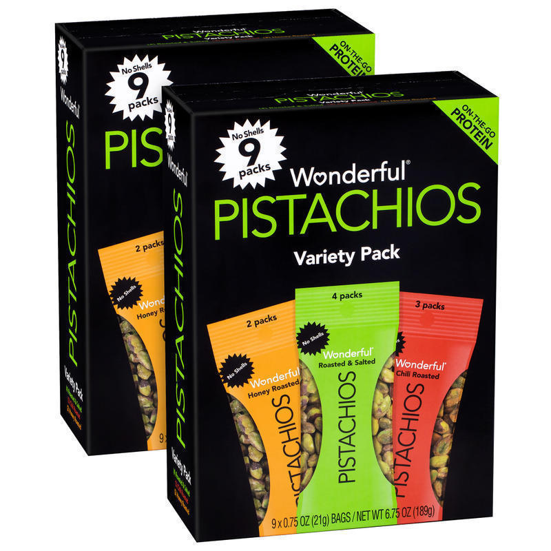 Wonderful Pistachios No-Shell Variety Pack, 0.75 Oz, 9 Bags Per Pack, Case Of 2 Packs MPN:070146A29P