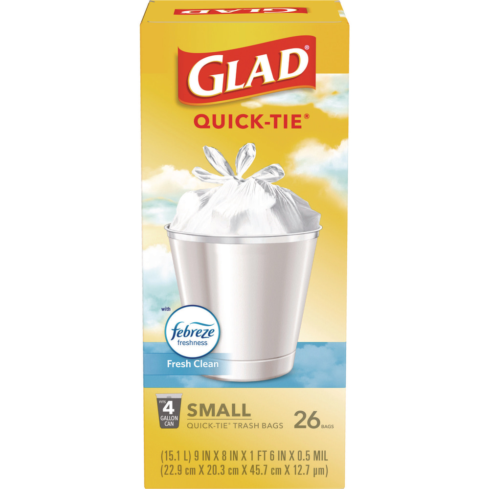 Glad OdorShield Quick-Tie Small Trash Bags, 0.5 mil, Tie-Flap, 4 gal, Febreze Fresh Clean Scent, 8 x 18, White, 26 Bags/Box, 6 Boxes/Carton MPN:78812