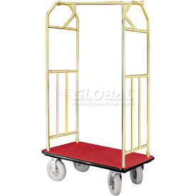 Glaro Bellman Hotel Cart 35x24 Satin Brass with Burgundy Carpet & Pneu. Wheels 6135BE-P-BY
