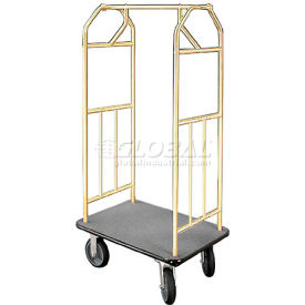 Glaro Bellman Hotel Cart 35x24 Satin Brass with Gray Carpet & Rubber Wheels 6135BE-S-GR