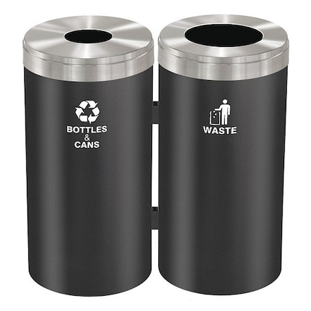 46 gal Round Recycling Bin, Open Top, Satin Black/Satin Aluminum, Steel, 2 Openings MPN:1542-2BK-SA-B&C/W