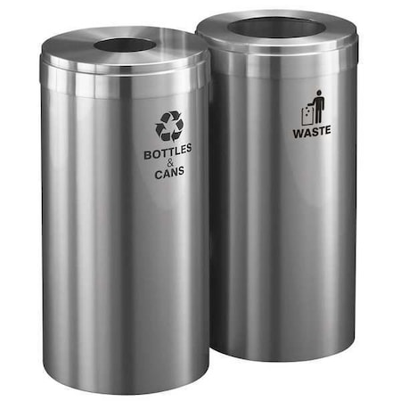 23 gal Round Recycling Bin, Open Top, Satin Aluminum, Aluminum, 2 Openings MPN:1542-2SA-SA-B&C/W