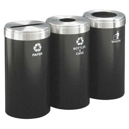 69 gal Round Recycling Bin, Open Top, Satin Black/Satin Aluminum, Steel, 3 Openings MPN:1542-3BK-SA-B&C/P/W