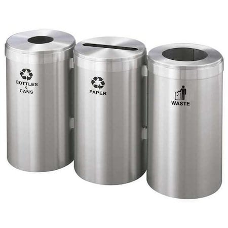 69 gal Round Recycling Bin, Open Top, Satin Aluminum, Aluminum, 3 Openings MPN:1542-3SA-SA-B&C/P/W