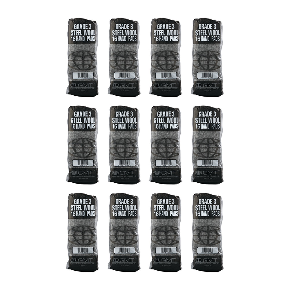 GMT Industrial-Quality Steel Wool Hand Pads, #3 Medium, Steel Gray, 16 Pads/Sleeve, 12 Sleeves/Carton MPN:117006