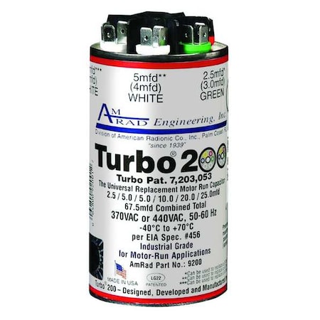 Motor Run Capacitor, 2.5-67.5MFD, 370/440V MPN:Turbo 200
