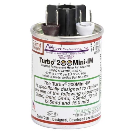Motor Run Capacitor, 2.5-15 MFD, 370/440V MPN:Turbo 200 Mini