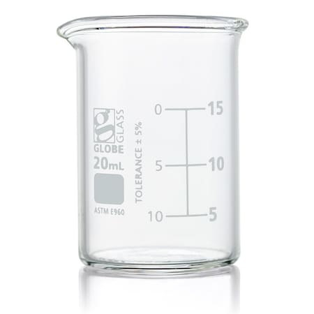 Beaker, Globe Glass, 20mL, Low Form Griffin Style, Dual Graduations, ASTM E960, 12/Box, 12PK MPN:8010020