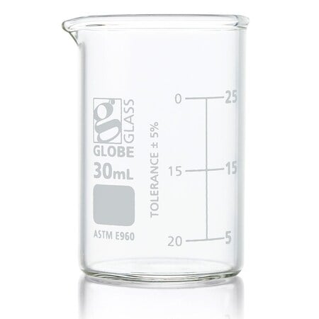 Beaker, Globe Glass, 30mL, Low Form Griffin Style, Dual Graduations, ASTM E960, 12/Box, 12PK MPN:8010030