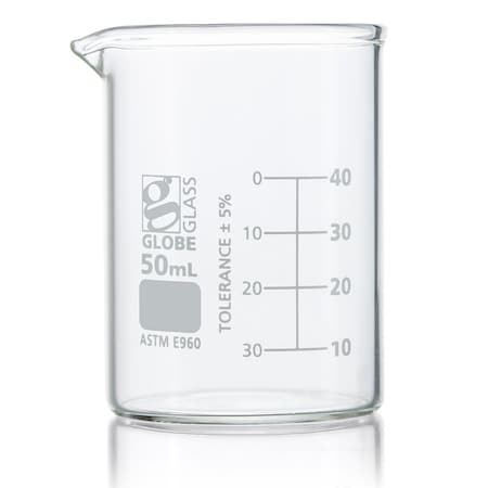 Beaker, Globe Glass, 50mL, Low Form Griffin Style, Dual Graduations, ASTM E960, 12/Box, 12PK MPN:8010050