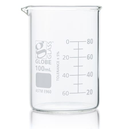 Beaker, Globe Glass, 100mL, Low Form Griffin Style, Dual Graduations, ASTM E960, 12/Box, 12PK MPN:8010100
