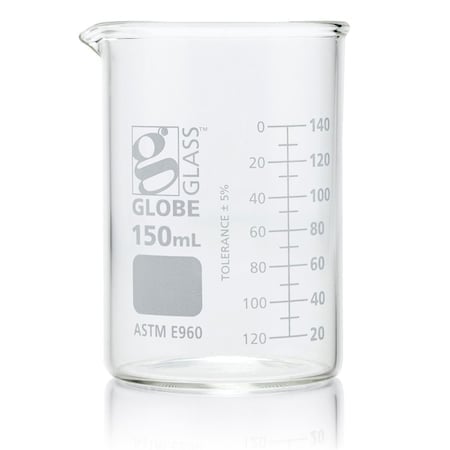 Beaker, Globe Glass, 150mL, Low Form Griffin Style, Dual Graduations, ASTM E960, 12/Box, 12PK MPN:8010150