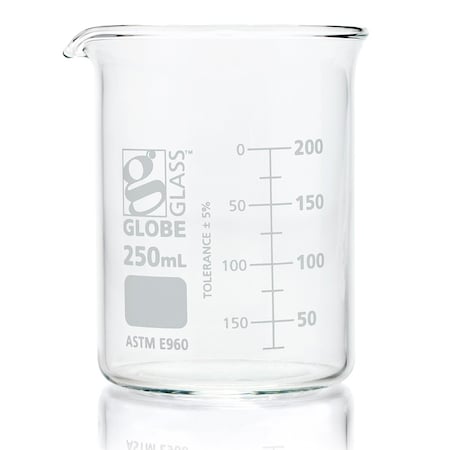 Beaker, Globe Glass, 250mL, Low Form Griffin Style, Dual Graduations, ASTM E960, 12/Box, 12PK MPN:8010250