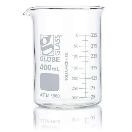 Beaker, Globe Glass, 400mL, Low Form Griffin Style, Dual Graduations, ASTM E960, 12/Box, 12PK MPN:8010400