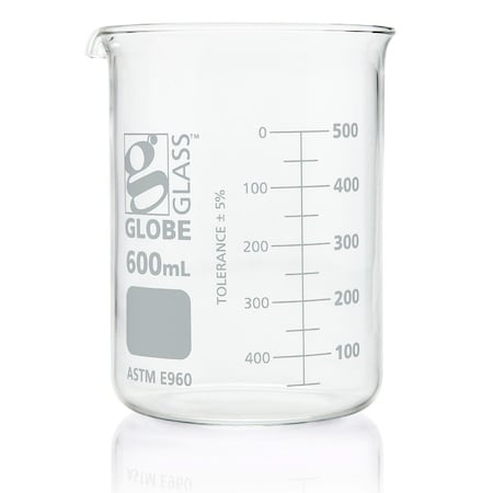 Beaker, Globe Glass, 600mL, Low Form Griffin Style, Dual Graduations, ASTM E960, 6/Box, 6PK MPN:8010600