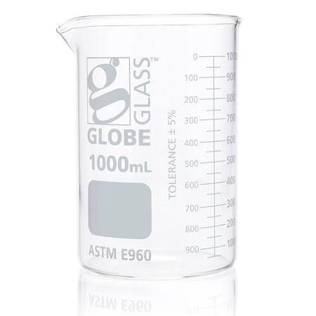 Beaker, Globe Glass, 1000mL, Low Form Griffin Style, Dual Graduations, ASTM E960, 6/Box, 6PK MPN:8011000