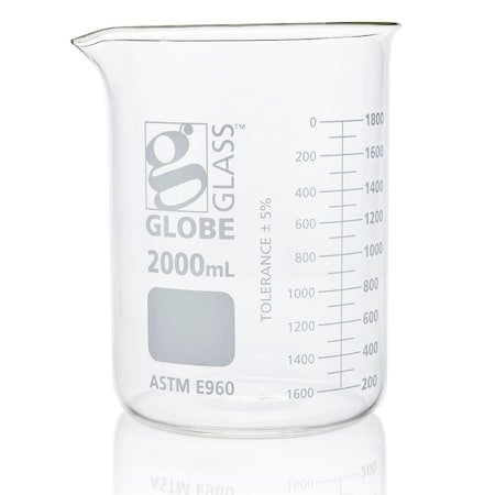Beaker, Globe Glass, 2000mL, Low Form Griffin Style, Dual Graduations, ASTM E960, 4/Box, 4PK MPN:8012000