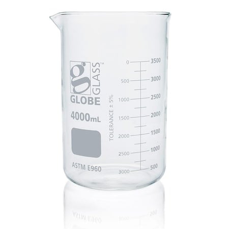 Beaker, Globe Glass, 4000mL, Low Form Griffin Style, Dual Graduations, ASTM E960, 1/Box MPN:8014000