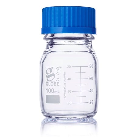 Bottle, Media, Globe Glass, 100mL, GL45 Screw Cap, Dual Graduations, 10/Box MPN:8100100