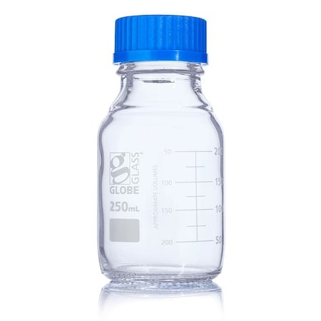 Bottle, Media, Globe Glass, 250mL, GL45 Screw Cap, Dual Graduations, 10/Box MPN:8100250