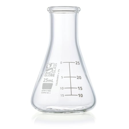 Flask, Erlenmeyer, Globe Glass, 25mL, Narrow Mouth, Dual Graduations, ASTM E1404, 12/Box MPN:8400025