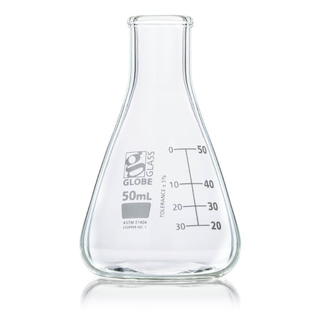 Flask, Erlenmeyer, Globe Glass, 50mL, Narrow Mouth, Dual Graduations, ASTM E1404, 12/Box MPN:8400050