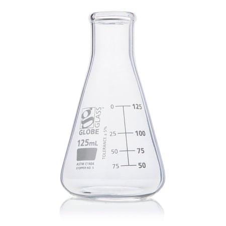 Flask, Erlenmeyer, Globe Glass, 125mL, Narrow Mouth, Dual Graduations, ASTM E1404, 12/Box MPN:8400125