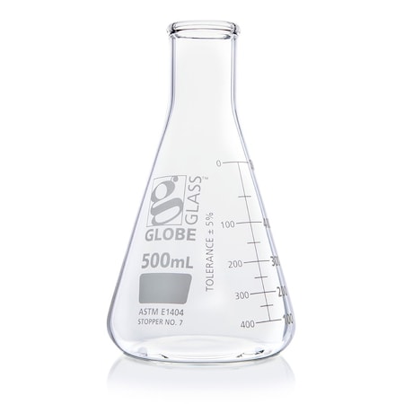 Flask, Erlenmeyer, Globe Glass, 500mL, Narrow Mouth, Dual Graduations, ASTM E1404, 6/Box MPN:8400500
