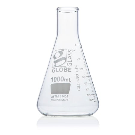 Flask, Erlenmeyer, Globe Glass, 1000mL, Narrow Mouth, Dual Graduations, ASTM E1404, 6/Box MPN:8401000