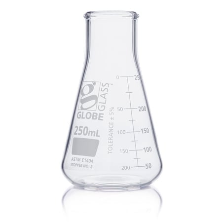 Flask, Erlenmeyer, Globe Glass, 250mL, Wide Mouth, Dual Graduations, ASTM E1404, 12/Box MPN:8410250