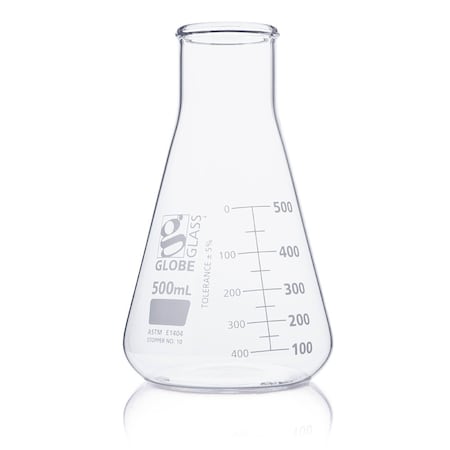 Flask, Erlenmeyer, Globe Glass, 500mL, Wide Mouth, Dual Graduations, ASTM E1404, 6/Box MPN:8410500