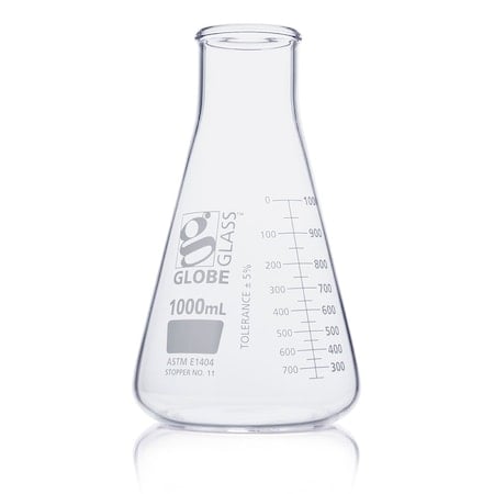Flask, Erlenmeyer, Globe Glass, 1000mL, Wide Mouth, Dual Graduations, ASTM E1404, 6/Box MPN:8411000