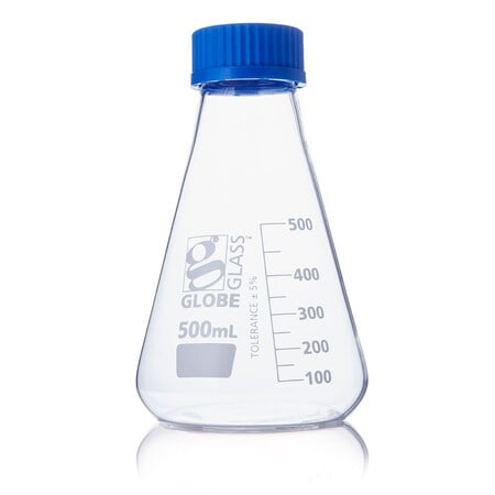 Flask, Erlenmeyer, Globe Glass, 500mL, Screw Cap, Dual Graduations, ASTM E1404, 6/Box MPN:8420500