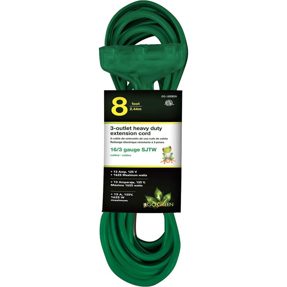 Power Cords, Cord Type: Extension Cord , Overall Length (Feet): 8 , Cord Color: Green , Amperage: 13 , Voltage: 125  MPN:GG-15008GN
