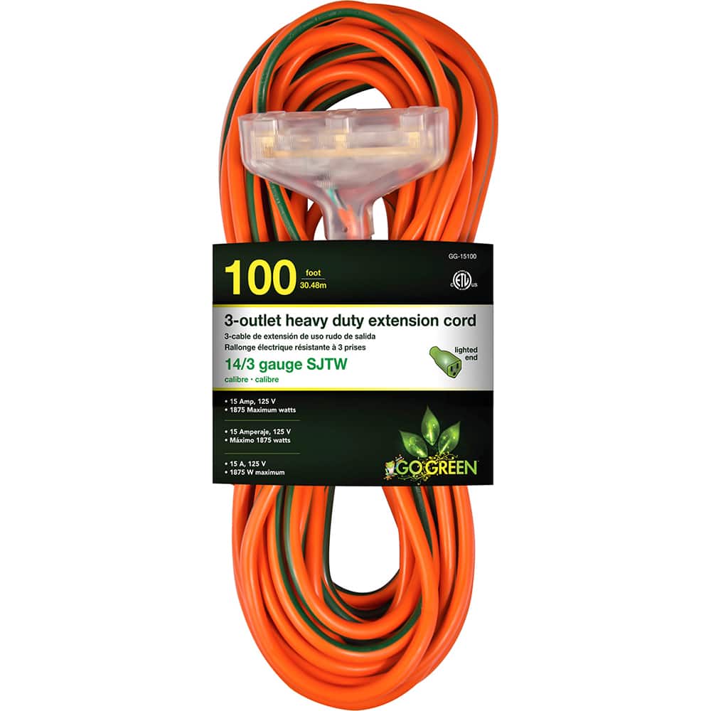 Power Cords, Cord Type: Extension Cord , Overall Length (Feet): 100 , Cord Color: Orange , Amperage: 15 , Voltage: 125  MPN:GG-15100