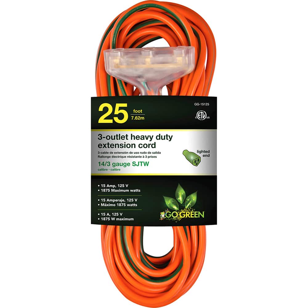 Power Cords, Cord Type: Extension Cord , Overall Length (Feet): 25 , Cord Color: Orange , Amperage: 15 , Voltage: 125  MPN:GG-15125
