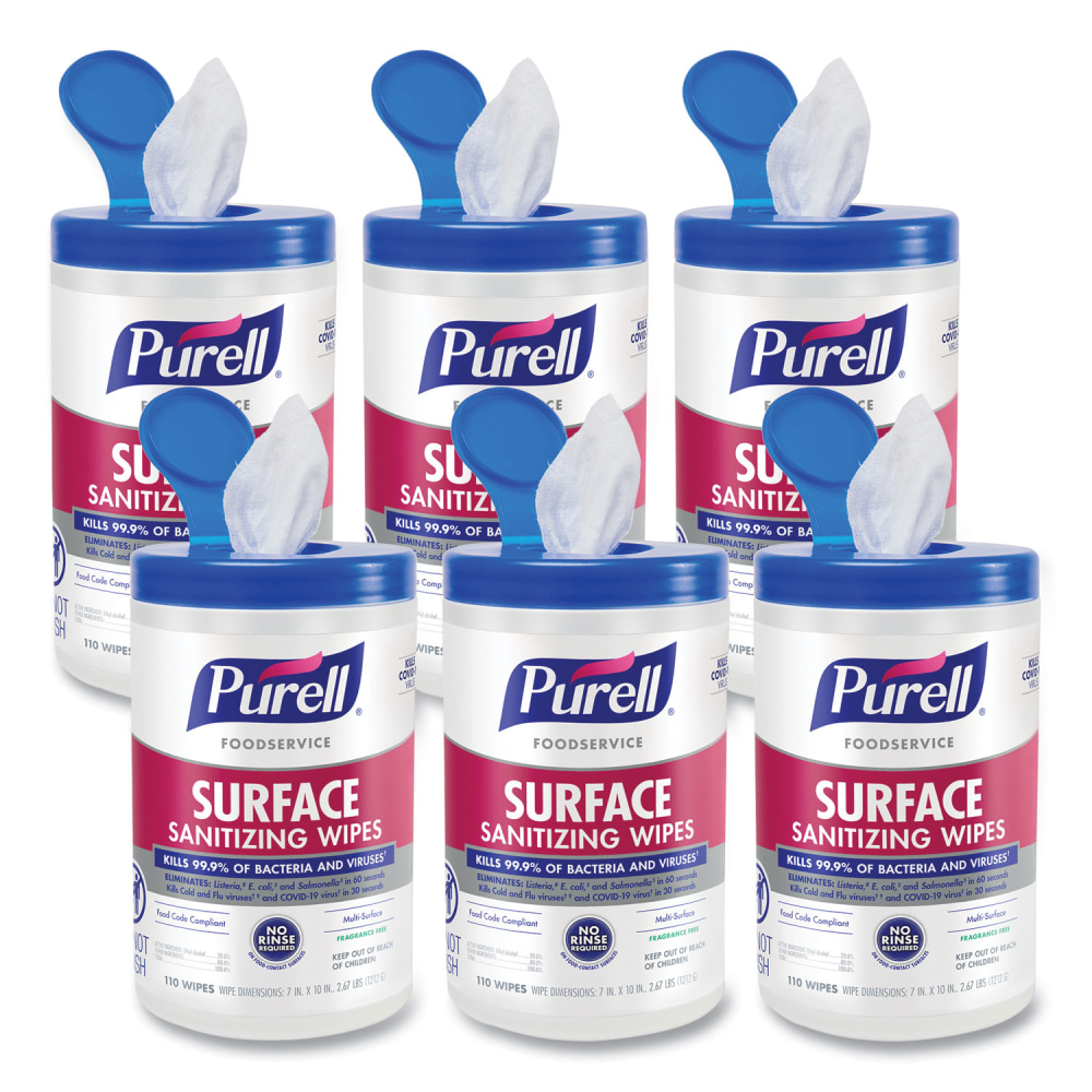 Purell Foodservice Surface Sanitizing Wipes, 1-Ply, 10 x 7, Fragrance-Free, White, 110/Canister, 6 Canisters/Carton MPN:9341.06