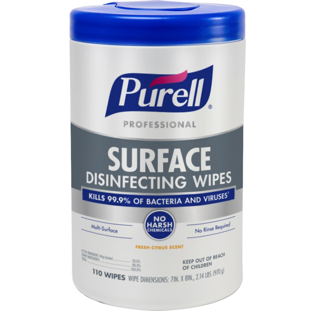 PURELL Professional Surface Disinfecting Wipes, Citrus Scent, 110 Count Canister, 7inx 8in Wipes, Pack of 6 Canisters MPN:9342-06CS