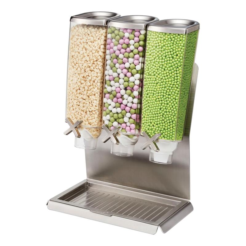 Rosseto Serving Solutions EZ-PRO Dry Food Dispenser, 3-Container, Tabletop Stand With Catch Tray, 384 Oz, Stainless MPN:EZ51377
